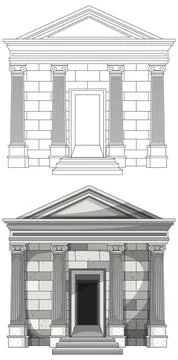 Abandoned Classical Stone Temple Front Elevation Vector Set Ilustración de archivo