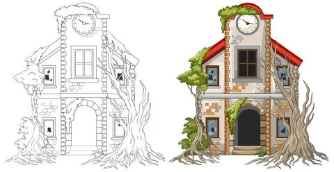 Abandoned Clock Tower House Overgrown With Tree Roots Stock Illustration
