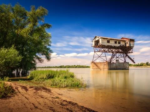 Abandoned coal loader in Danube river near by Esztergom town Stock Photos