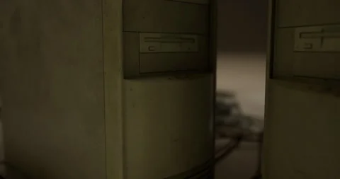 Abandoned computer equipment in dusty storage room highlights neglect Stock Footage 320828957