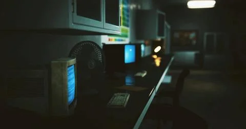 Abandoned computer lab with vintage machines and dim lighting at night Stock Illustration