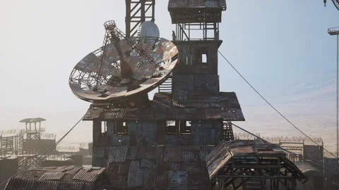 Abandoned construction site with satellite dish and rusty metal structures Stock Footage 331422457