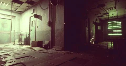 Abandoned corridor with dim lighting and scattered debris in an old building Stock Illustration