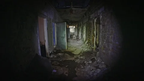 Abandoned corridor in Pripyat Chernobyl Exclusion Zone 2019 Stock Footage 107446071
