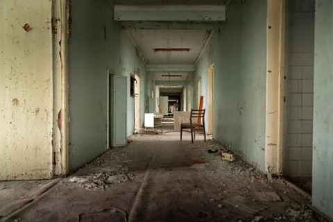Abandoned corridor in Pripyat Hospital, Chernobyl Exclusion Zone 2019 Stock Photos