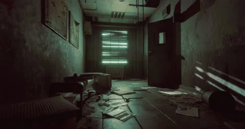 Abandoned corridor with scattered papers and sunlight filtering through Stock Footage 306644032