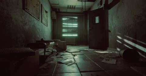 Abandoned corridor with scattered papers and sunlight filtering through Ilustración de archivo