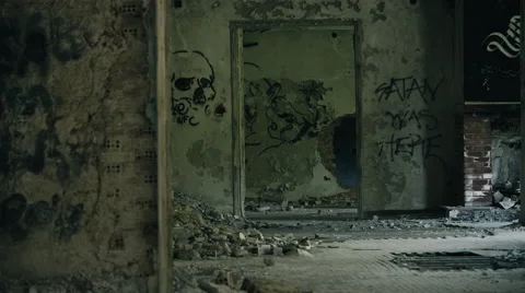 Abandoned corridors,hallway,destructed building, graffiti,slider motion Stock Footage 50389017