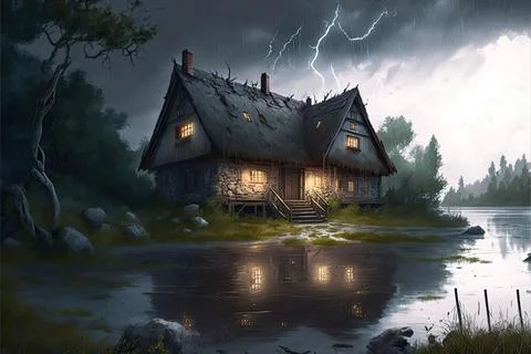 An Abandoned Cottage By A Large River Stock Illustration