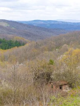 ​Abandoned cottage in the mountains with budding trees and cloudy sky. Stock Photos