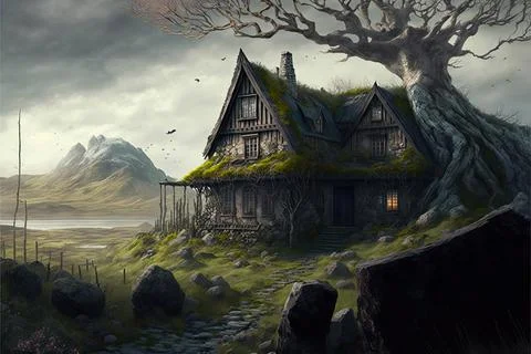 An Abandoned Cottage On A Volcano Stock Illustration