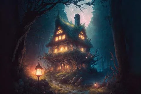 An Abandoned Cottage Within A Forest Stock Illustration