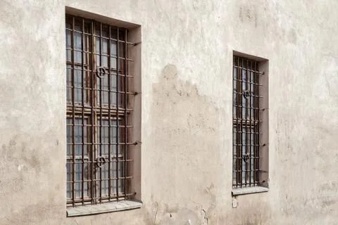 Abandoned cracked wall with two  window Stock Photos