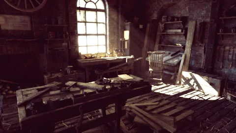 Abandoned craft space. Old woodworking shop filled with cobwebs and dust Stock Footage 340346781