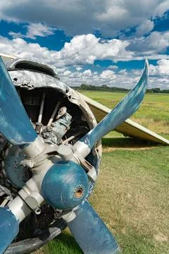 Abandoned crashed old soviet Antonov AN-2 airplane with bended blue prop on.. Stock Photos