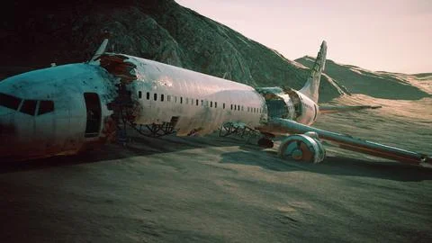 Abandoned crushed plane in desert 库存插图
