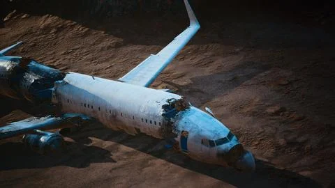 Abandoned crushed plane in desert 库存插图