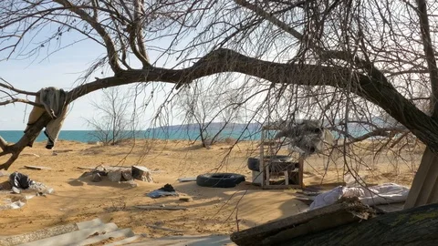 Abandoned deserted shore with garbage after hurricane Stock Footage 124931423