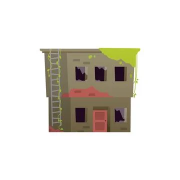 Abandoned destroyed old house vector flat illustration. Cartoon mossy city bu Ilustración de archivo