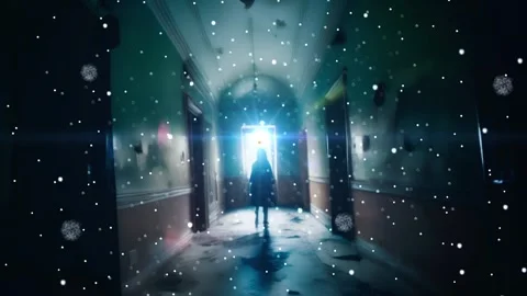 Abandoned destructed long corridor tunnel,tracking motion,pov. Gost shape at the Stock Footage 247485343