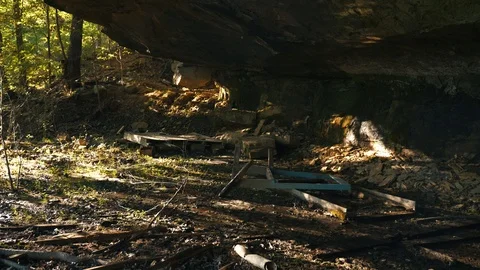 Abandoned Dig Site Camp in Forest Stock Footage 121986530