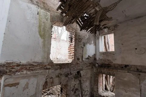 Abandoned Dilapidated Building Interior With Collapsed Ceiling Exposed Bric.. Stock Photos