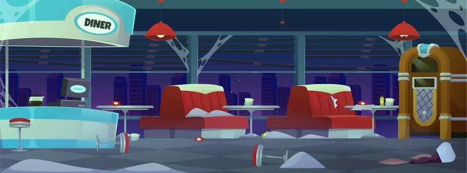 Abandoned diner cafe interior. Vector flat illustration of destroyed red sofa Stockillustratie