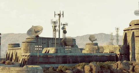 Abandoned facility with communication towers in a desolate landscape Stock Illustration