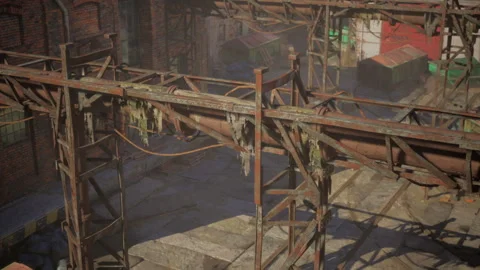 Abandoned factory complex with collapsing structures in urban decay Stock Footage 310264607