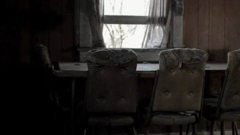 Abandoned Farm House Kitchen Table Wide Pan 2 Stock Footage 105985703