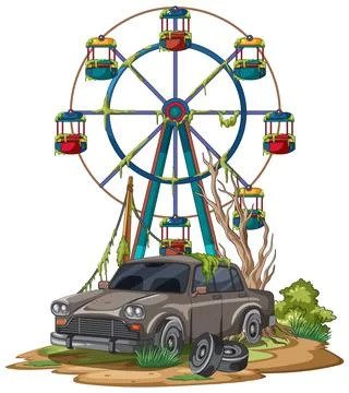 Abandoned Ferris Wheel and Rusty Car in Overgrown Park Stock Illustration