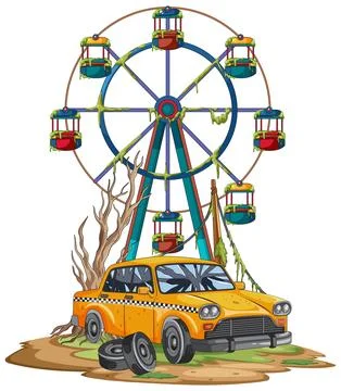 Abandoned Ferris Wheel and Rusty Taxi in Overgrown Park Stock Illustration