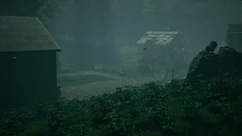 Abandoned forest settlement at night as seen from the forest 스톡 동영상 309071784