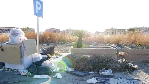 Abandoned garbage in the streets:degradation, pollution, danger Stock Footage 80125720