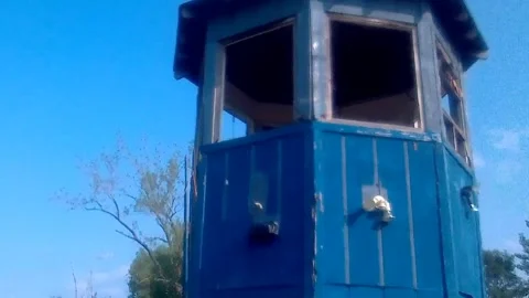 Abandoned, Gun Shooting Range, Broken Blue Guard Tower, Storage Room Stock-Footage 247341052