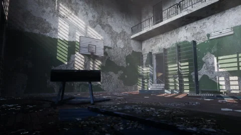Abandoned gym with sunlight filtering through cracked windows Stock Footage 313436636