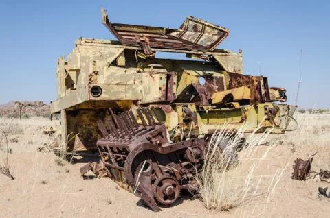 Abandoned harvester rusting away deep in the Namib Desert of Angola Stock Photos