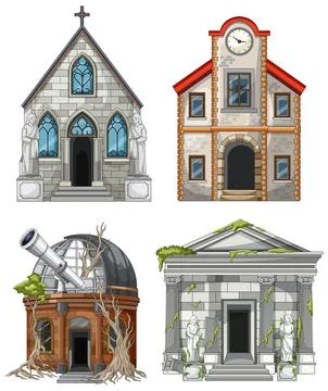 Abandoned Historic Buildings Vector Set with Overgrown Details Stock Illustration