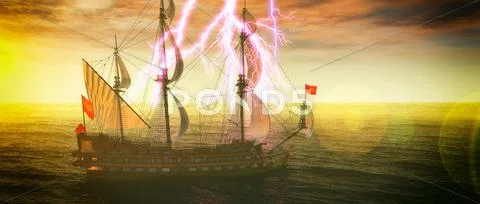 Abandoned historic sailing ship in the stormy sea with a lightning strike 3d Stock Illustration