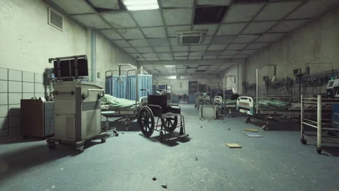 Abandoned hospital ward with empty beds and scattered medical equipment Video stock 327188705