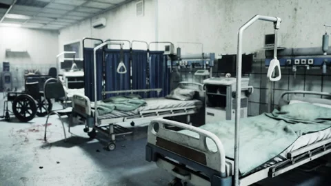 Abandoned hospital ward with empty beds and decaying equipment Video stock 329129673