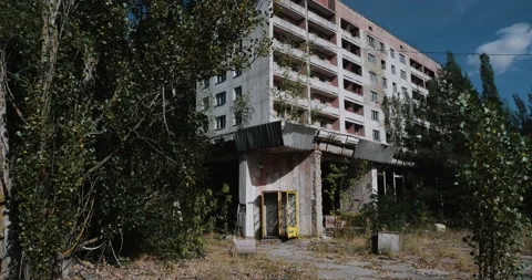 Abandoned hotel front view. Pripyat, Chornobyl. Stock Footage 138994760