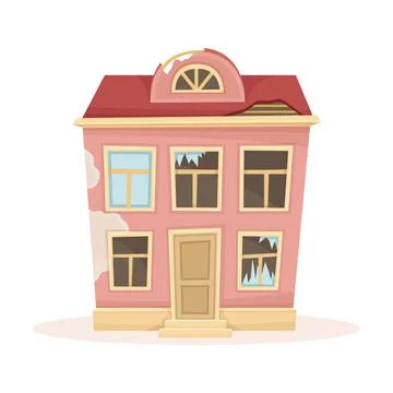 Abandoned house with broken windows. Facade of old two storey decaying building Stock Illustration