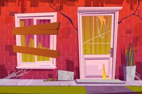 Abandoned house facade front view, old building Ilustración de archivo