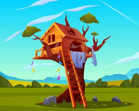 Abandoned house on tree, empty scary playground Stock Illustration
