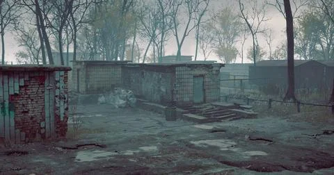 Abandoned industrial area with deteriorating structures and bare trees 스톡 일러스트