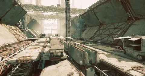 Abandoned industrial area with towering structures and weathering effects Stock Illustration