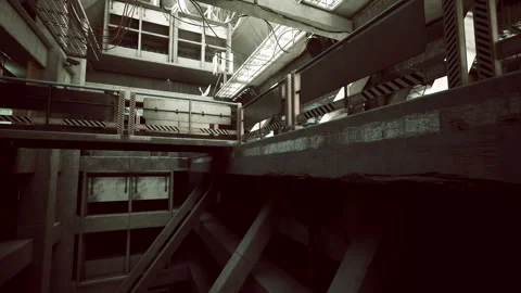 Abandoned industrial interior with exposed structure and cables Stock Footage 331399679