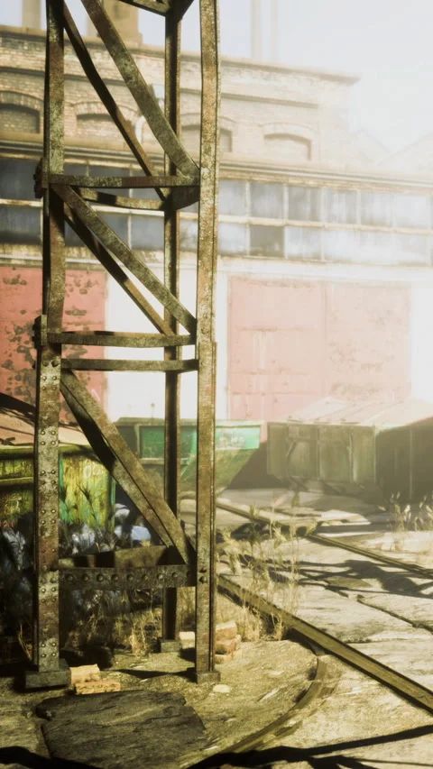 Abandoned industrial site bathed in soft morning light and mysterious shadows Stock Footage 334205053