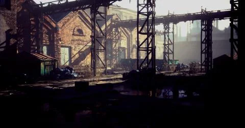 Abandoned industrial site with rusting structures in soft evening light Stock Illustration